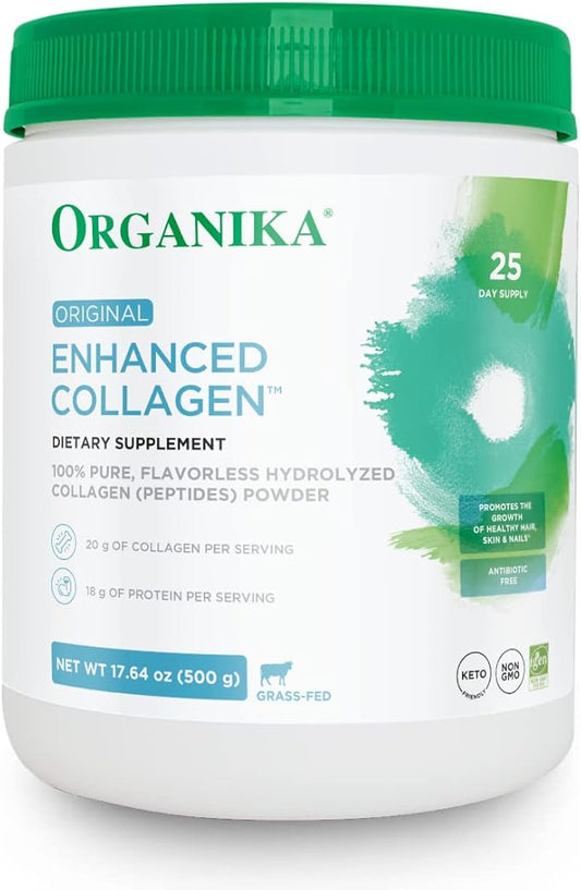 Organika Enhanced Collagen Peptides Protein Powder for Healthy Hair, Skin, Nails, Joints - Hydrolyzed for Better Absorption - Grass-Fed, Non-GMO, Type I and III - Unflavored 17.64 oz