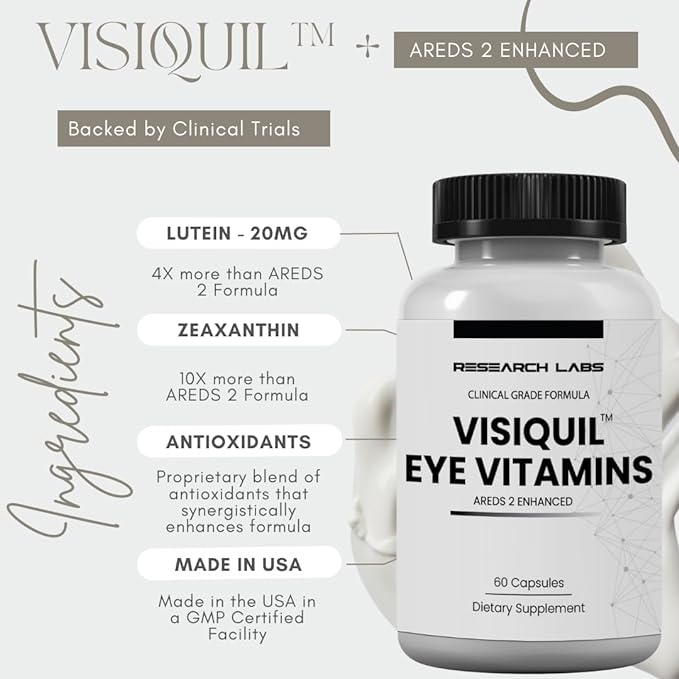 Research Labs Eye Vitamins Enhanced Absorption AREDS 2 Plus Formula 20mg Lutein, 10mg Zeaxanthin, Bilberry, Eyebright, Zinc, ALA, Quercetin & Other Proven Ingredients to Fight Eye Problems