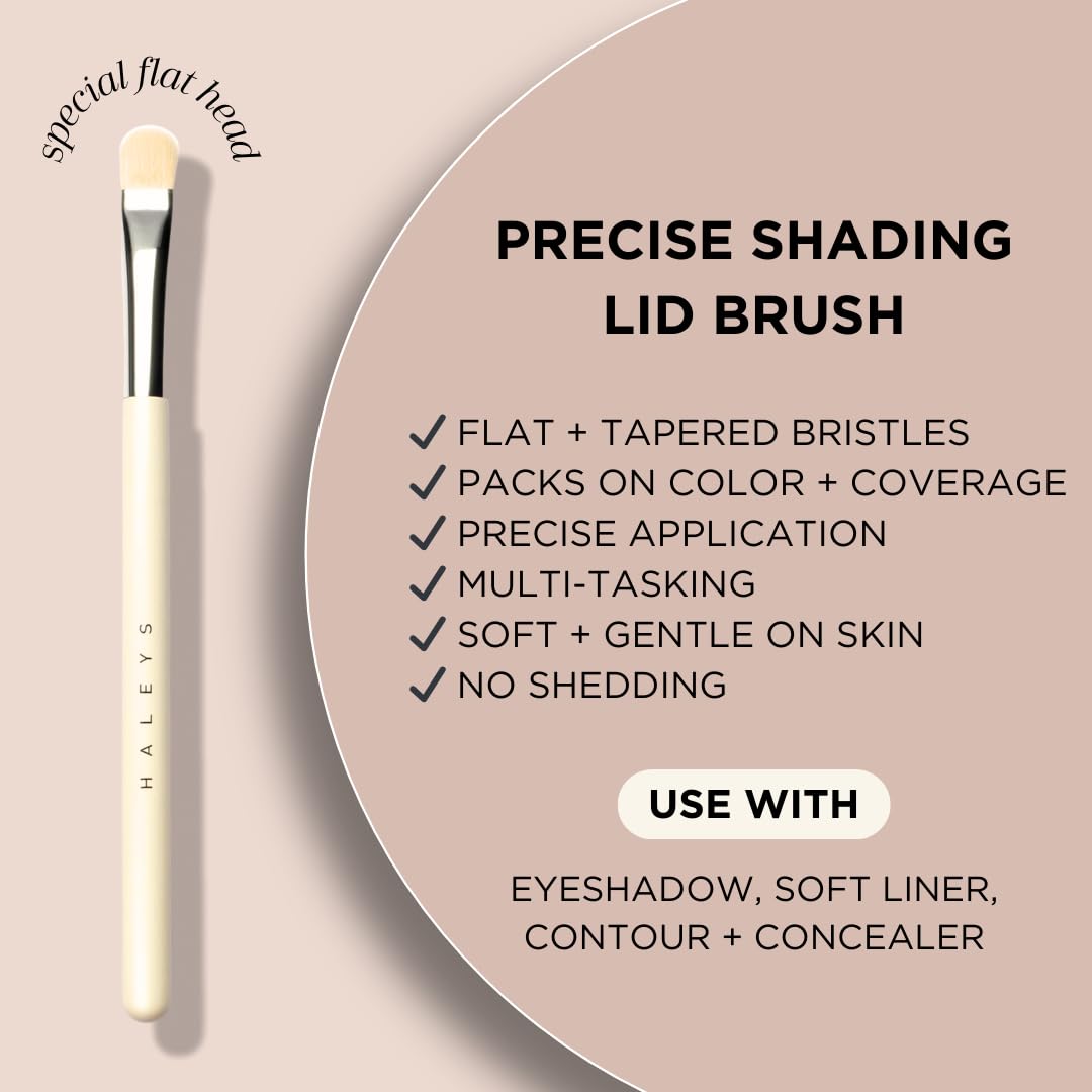 HALEYS Lid Eyeshadow Brush, Medium Flat Tapered Brush, Easy Blending and Shading for Building Eyeshadow Color, High-end Synthetic Bristles, Multi-tasking, for Cream and Powder Makeup, Vegan + CF
