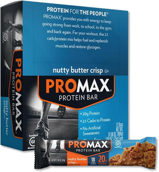 Promax Protein Bar, Nutty Butter Crisp, 20g High Protein, Gluten Free, 12 Count