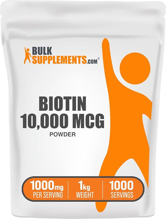 BulkSupplements.com Biotin 10000mcg Powder - Biotin Powder, Biotin Vitamins for Hair, Skin and Nails - as Vitamin B7, Gluten Free, 1000mg per Serving (10mg Biotin), 1kg (2.2 lbs) (Pack of 1)