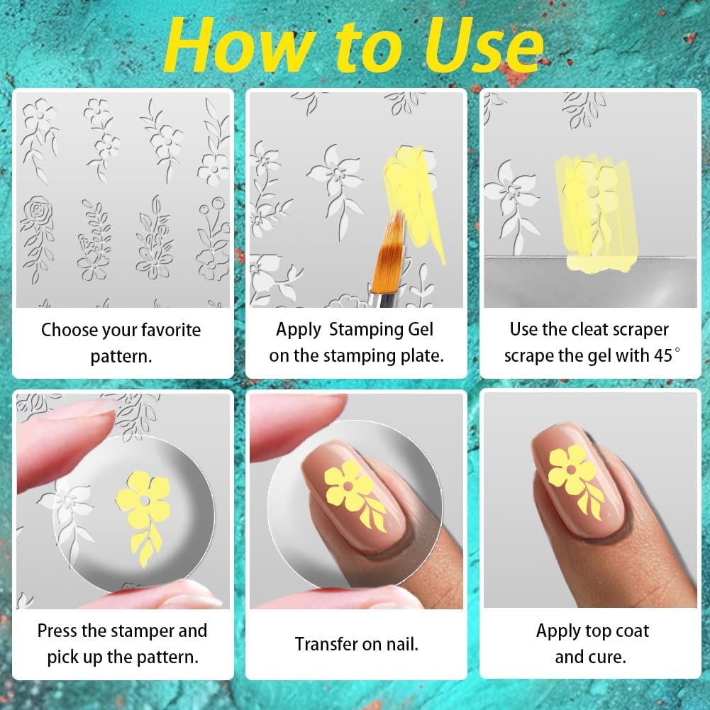 3Pcs Flower Vine Nail Stamping Plate Set Floral Leaves Rose Daisy Nail Stamp Templates Metal Reusable Tools with Stamper Scraper for Manicure Printing