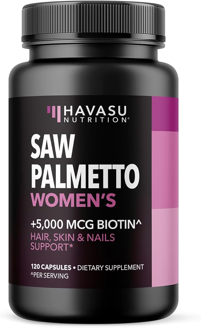 Saw Palmetto for Women + 5000 mcg Biotin Supplement | DHT Blocker Hair Health Vitamins | Supports Stronger Appearance of Hair for Women Post-Partum | 2 Month Supply Vegan Women's Saw Palmetto