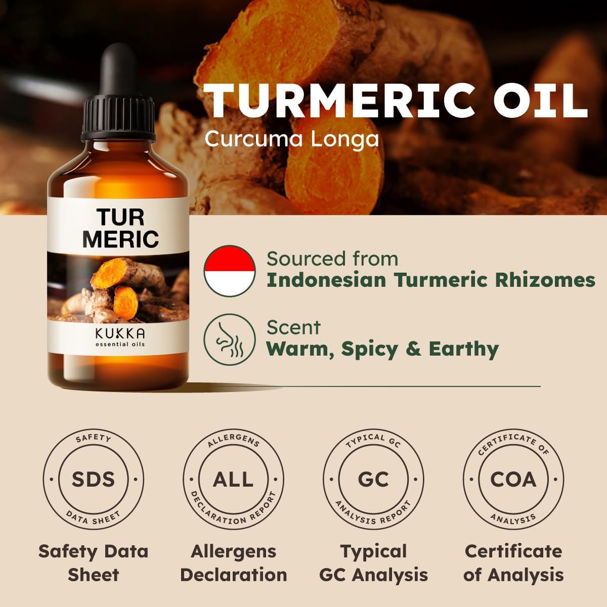 Kukka Turmeric Oil for Skin - 4 Fl Oz - Turmeric Essential Oil, Herbaceous Scent, for Face, Hair, Aromatherapy, Candle, DIY Soap Making Scents