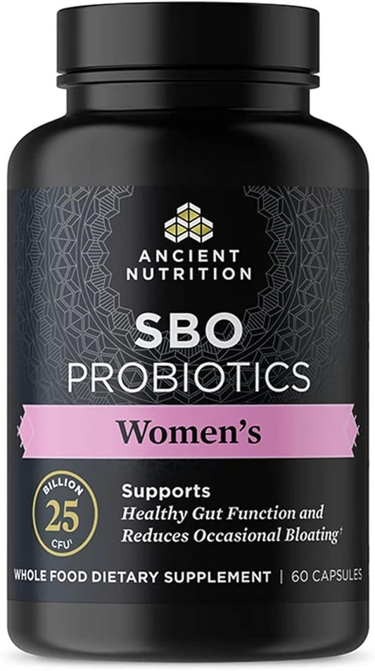 Probiotics for Women by Ancient Nutrition, SBO Probiotics Women's 60 Ct, Digestive and Immune Support, Bloating Relief for Women, Gluten Free, Superfoods Blend, 25 Billion CFUs*
