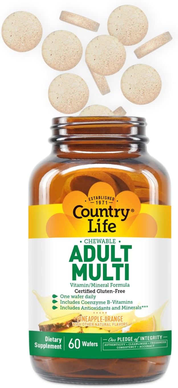 Country Life Adult Chewable Multivitamin with Coenzyme B-Vitamins, Antioxidants, Minerals, Pineapple-Orange Flavor - Supports Energy Metabolism and Immune Health, Gluten Free - 60 Wafers