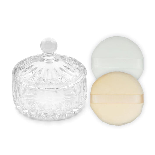 Body Powder Puff and Container, Crystal Dusting Powder Container with Puffs, Ridged-Lid Body Powder Jar with 2 Washable Reusable Soft Powder Puffs (Large Size)