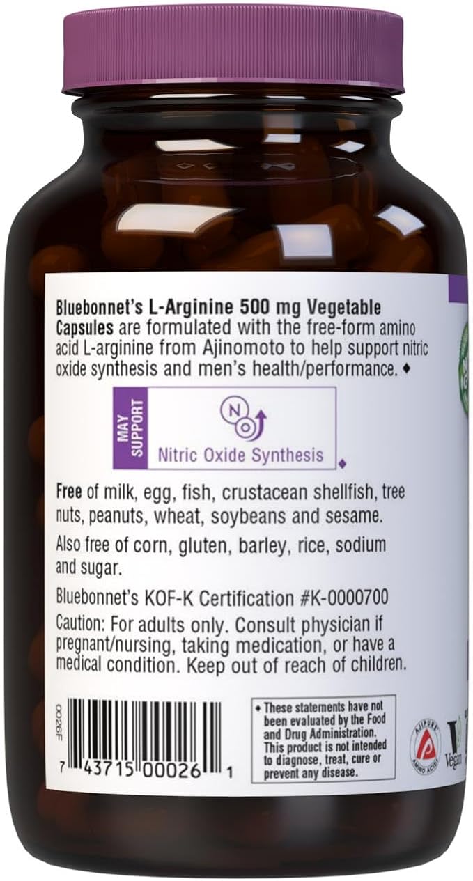 Bluebonnet Nutrition L-Arginine 500mg, Free-Form Amino Acid, Nitric Oxide Precursor*, Soy-Free, Gluten-Free, Non-GMO, Kosher Certified, Vegan, 100 Vegetable Capsules, 100 Servings, White