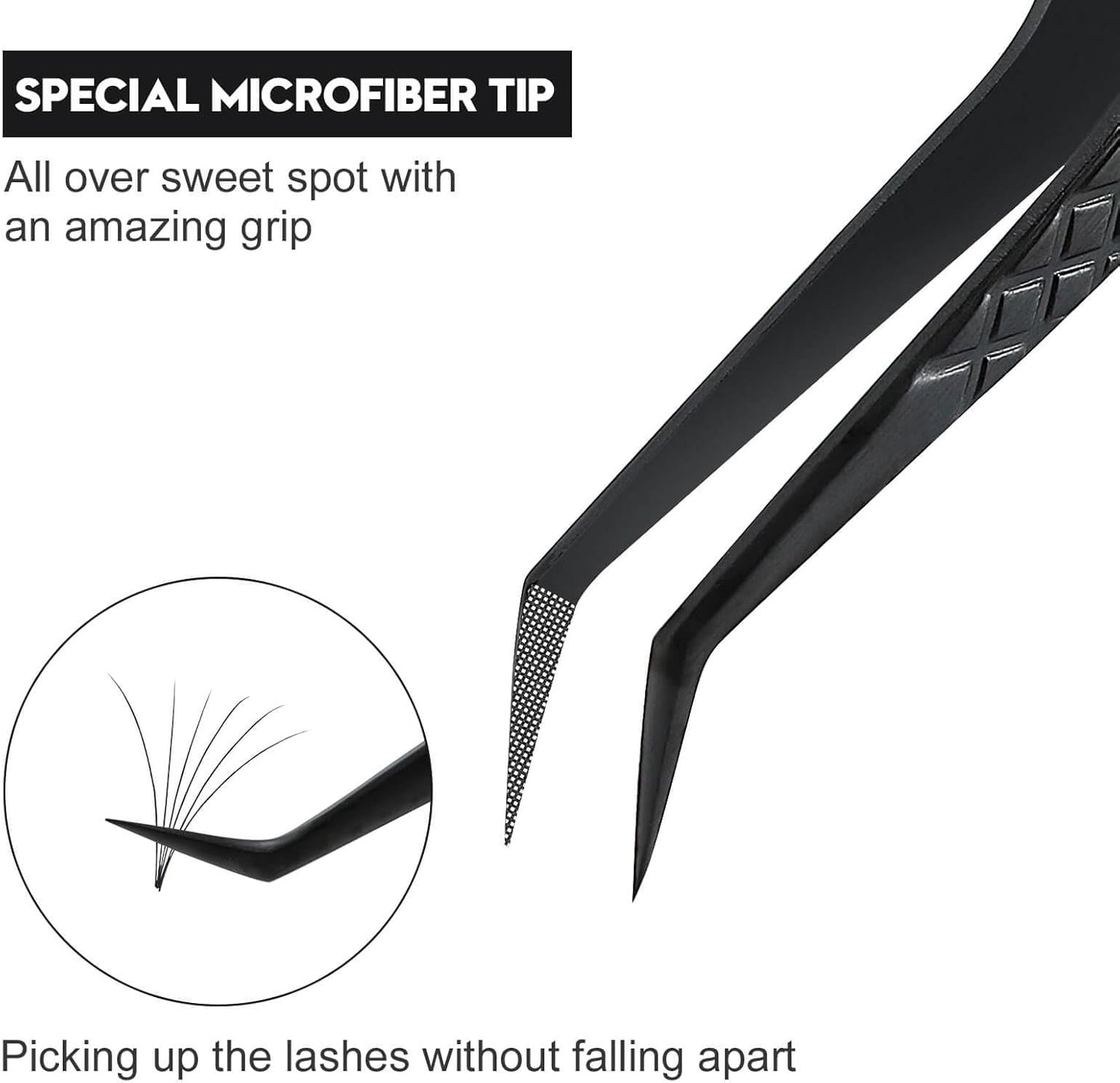 Ms.Queen Lash Extension Tweezers, Professional 45 Degree Fiber Grip Tweezers for Eyelash Extensions,Black