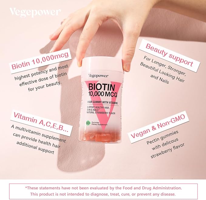 Biotin Gummies 10000mcg Supplements - with Vitamin C, A, D, B-Complex, Folate, Zinc for Women & Girls- Vegan Biotin Hair Growth Gummy for Healthy Hair and Nails, Non-GMO, Strawberry, 120 Bear