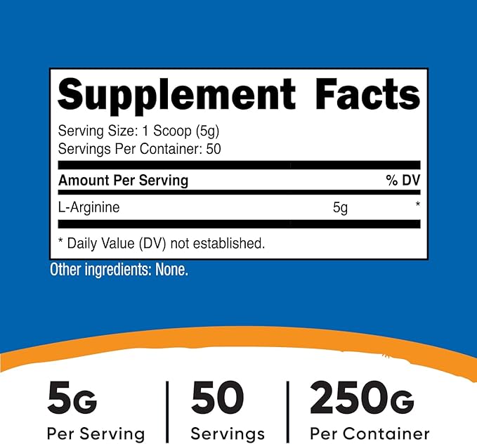 Nutricost L-Arginine (250 Grams) - Pure L-Arginine Powder - 5000mg Per Serving; 50 Servings