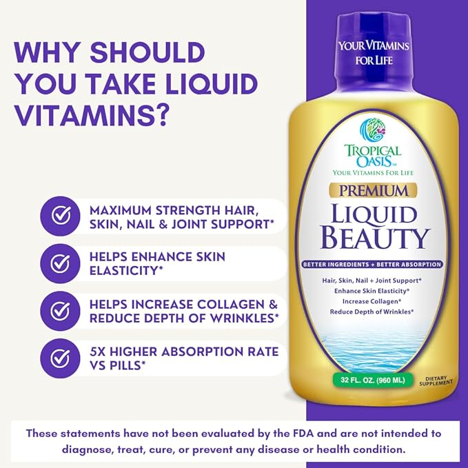 Tropical Oasis - Liquid Beauty | Supplement for Hair, Skin, & Nail Growth, Weight Control, Joint Support - Biotin + Hydrolyzed Collagen (32 Servings)