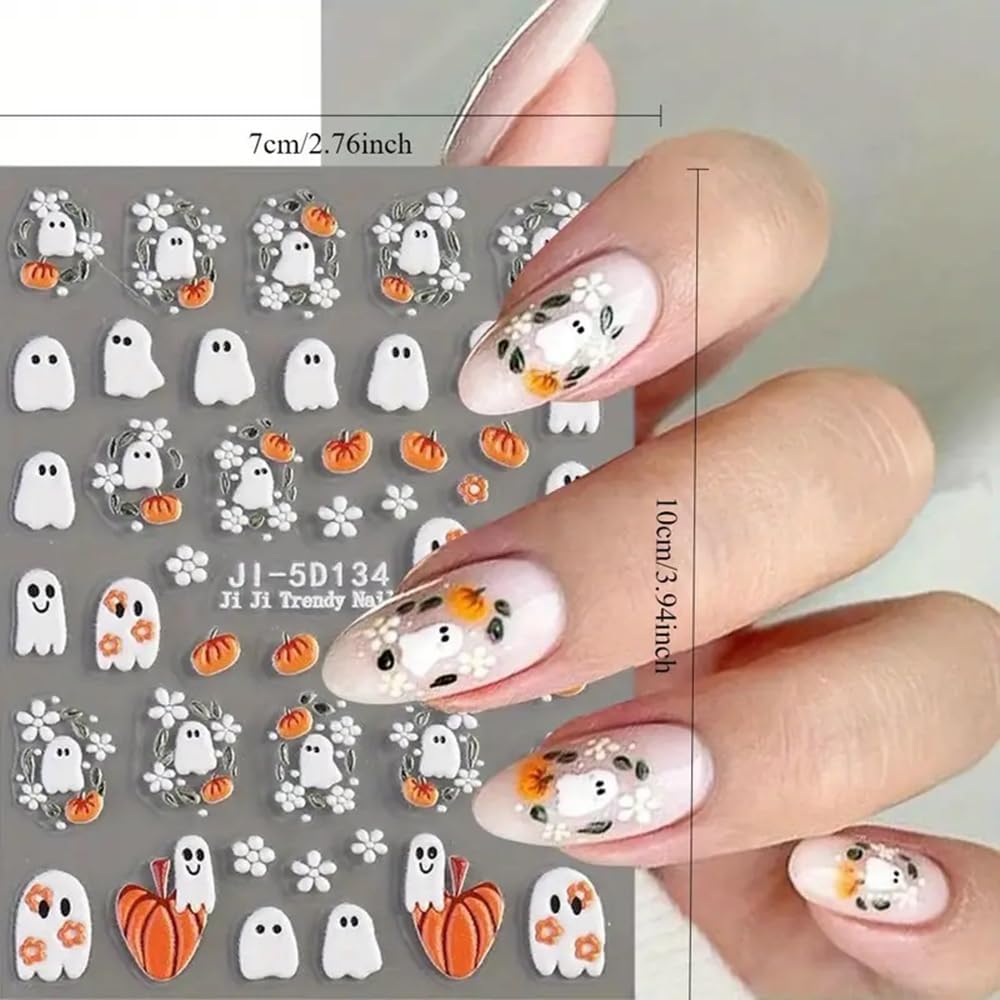 Halloween Nail Stickers Ghost Pumpkin Nail Art Stickers - 5D Embossed Nail Decals, 2 PCS Cute Cartoon Flower Spider Web Candy Designs, Adhesive Sliders for DIY Decorations