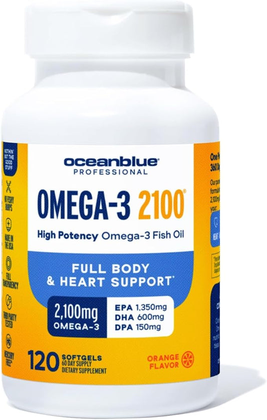Oceanblue Professional Omega-3 2100-120 ct - High-Potency Triple Strength Burpless Fish Oil with EPA, DHA & DPA - Wild Caught - Natural Orange Flavor, 60 Servings