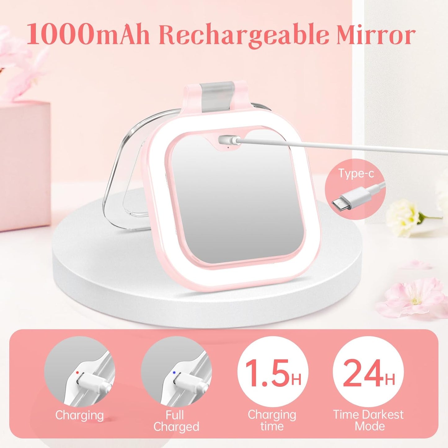 FASCINATE 10X Magnification Compact Travel Makeup Mirror with Lights and Magnification, 3.5 inch Portable 1X/10X Magnifying Mirror with 3 Color Light, Folding, Handheld (Pink)