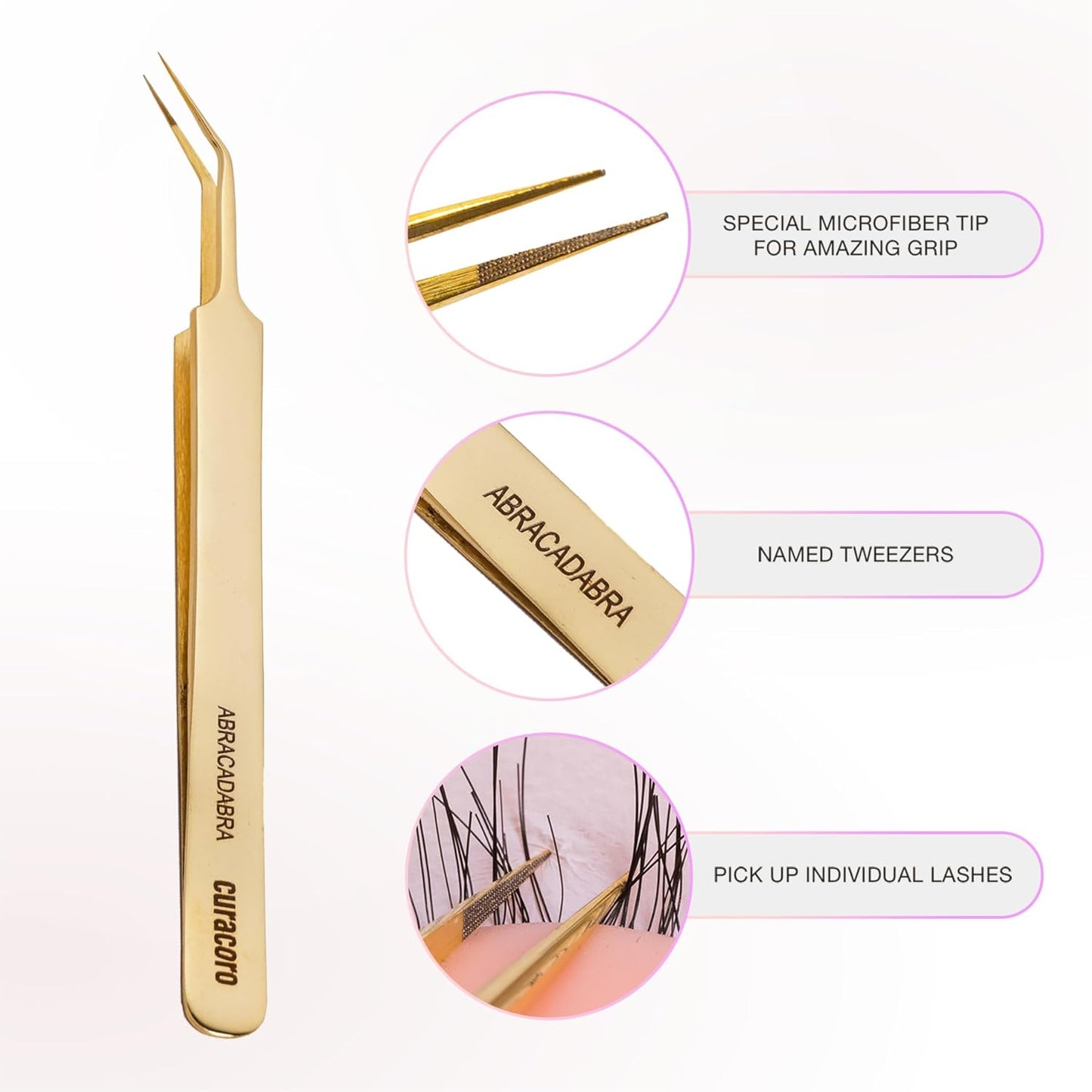 Curacoro Lash Tweezer - Professional & Precision Fiber Tip Grip Lash Tweezers for Eyelash Extensions, Multi Shapes & Purposes Tweezers for Volume, Isolation & Classic Lashes (Gold, Abracadabra)