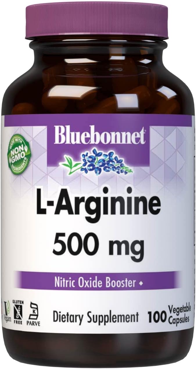 Bluebonnet Nutrition L-Arginine 500mg, Free-Form Amino Acid, Nitric Oxide Precursor*, Soy-Free, Gluten-Free, Non-GMO, Kosher Certified, Vegan, 100 Vegetable Capsules, 100 Servings, White