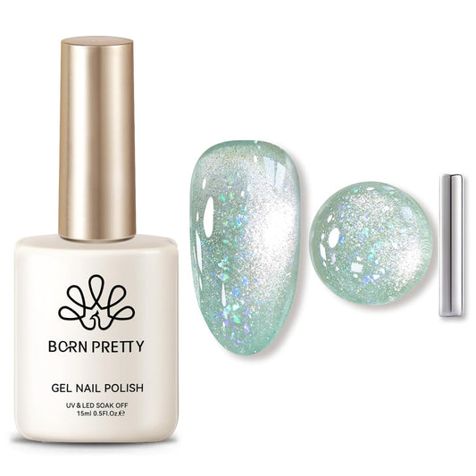 Born Pretty Green Cat Magnetic Eye Gel Nail Polish Shimmer Glitter Flakes Holographic Aurora Mint Green Magnetic Gel Polish Nail Art Manicure DIY at Home 15ML