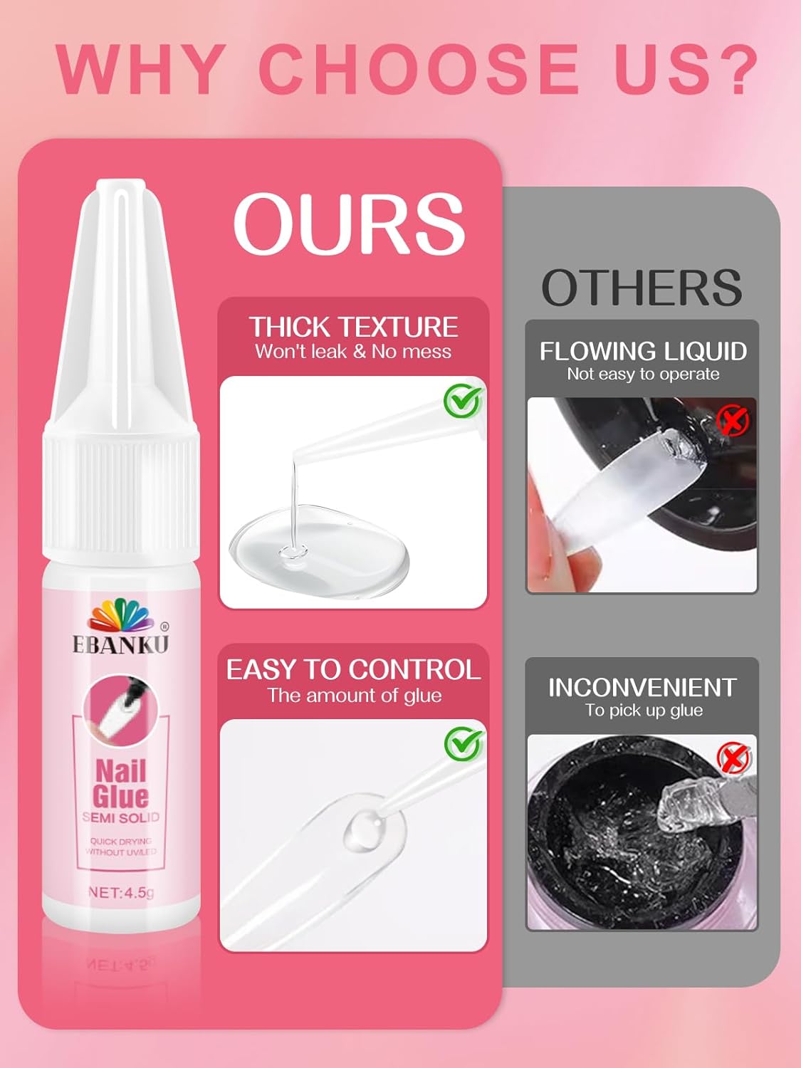 EBANKU Nail Glue Bulk for Press On Nails, 10PCS Super Strong Glue for Fake Nails Professional Adhesive Super Bond Fast Drying Glues Long Lasting No Need for UV Lamp (10 x 15ML)