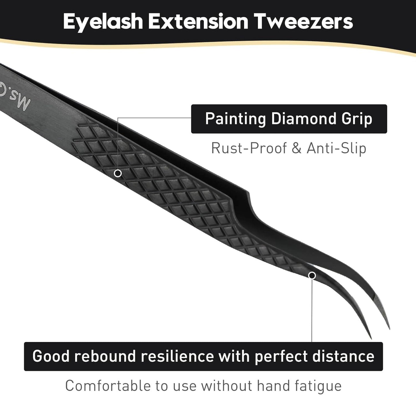 Ms.Queen Lash Tweezers for Eyelash Extensions,Set of 5,Fiber Tip Curved 45 90 Degree and L-Shape Boot Lash Tweezers for Mega Volume & Classic Lashes,Black