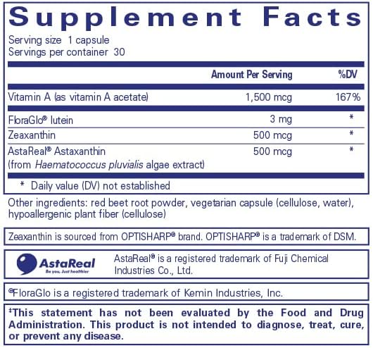 Pure Encapsulations Vitamin A + Carotenoids (Lutein, Zeaxanthin, and Astaxanthin) | Hypoallergenic Dietary Supplement | 30 Capsules