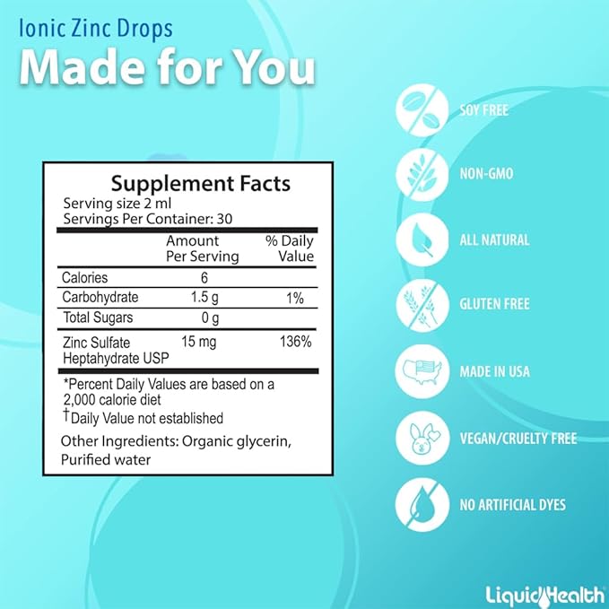 LIQUIDHEALTH Ionic Zinc 15mg, 2 Oz Zinc Liquid, Pure Zinc Vitamin Drops, Liquid Vitamin Zinc Supplement, Zinc Sulfate Heptahydrate for Adults, Men & Women, Kids 4 and up (3pack)
