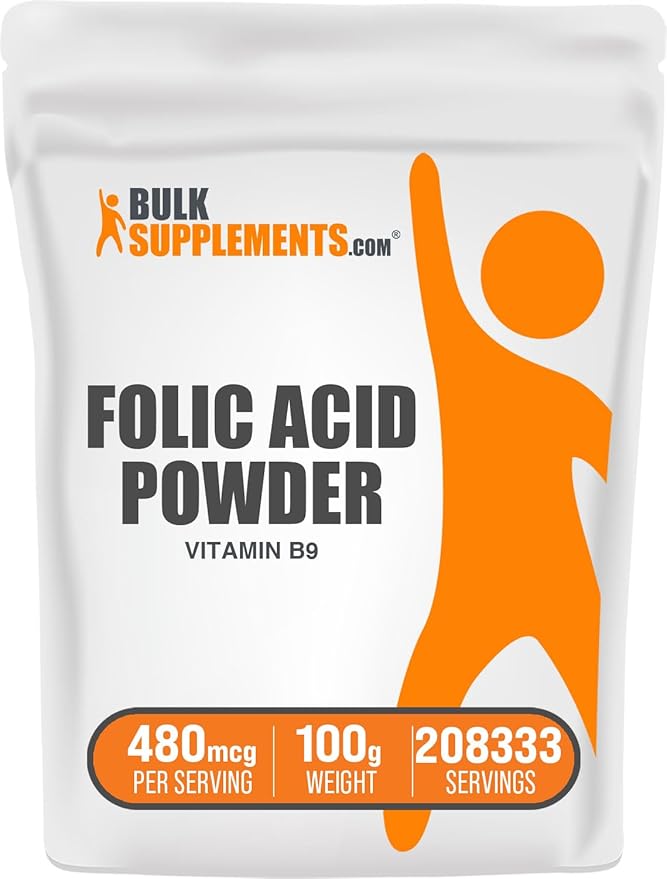 BulkSupplements.com Folic Acid Powder - Vitamin B9, Folic Acid Supplement - Folic Acid Prenatal Vitamins, Folic Acid 800 mcg - Gluten Free, 480mcg per Serving, 100g (3.5 oz) (Pack of 1)