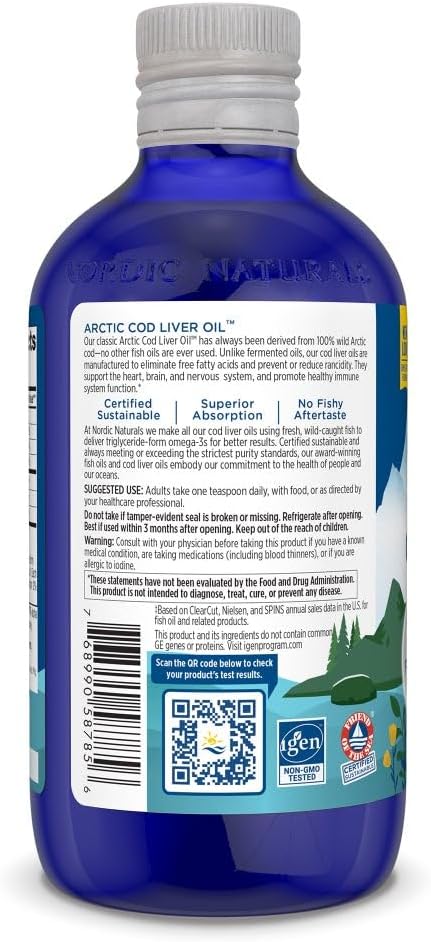 Nordic Naturals Arctic Cod Liver Oil, Lemon - 8 oz - 1060 mg Total Omega-3s with EPA & DHA - Heart & Brain Health, Healthy Immunity, Overall Wellness - Non-GMO - 48 Servings