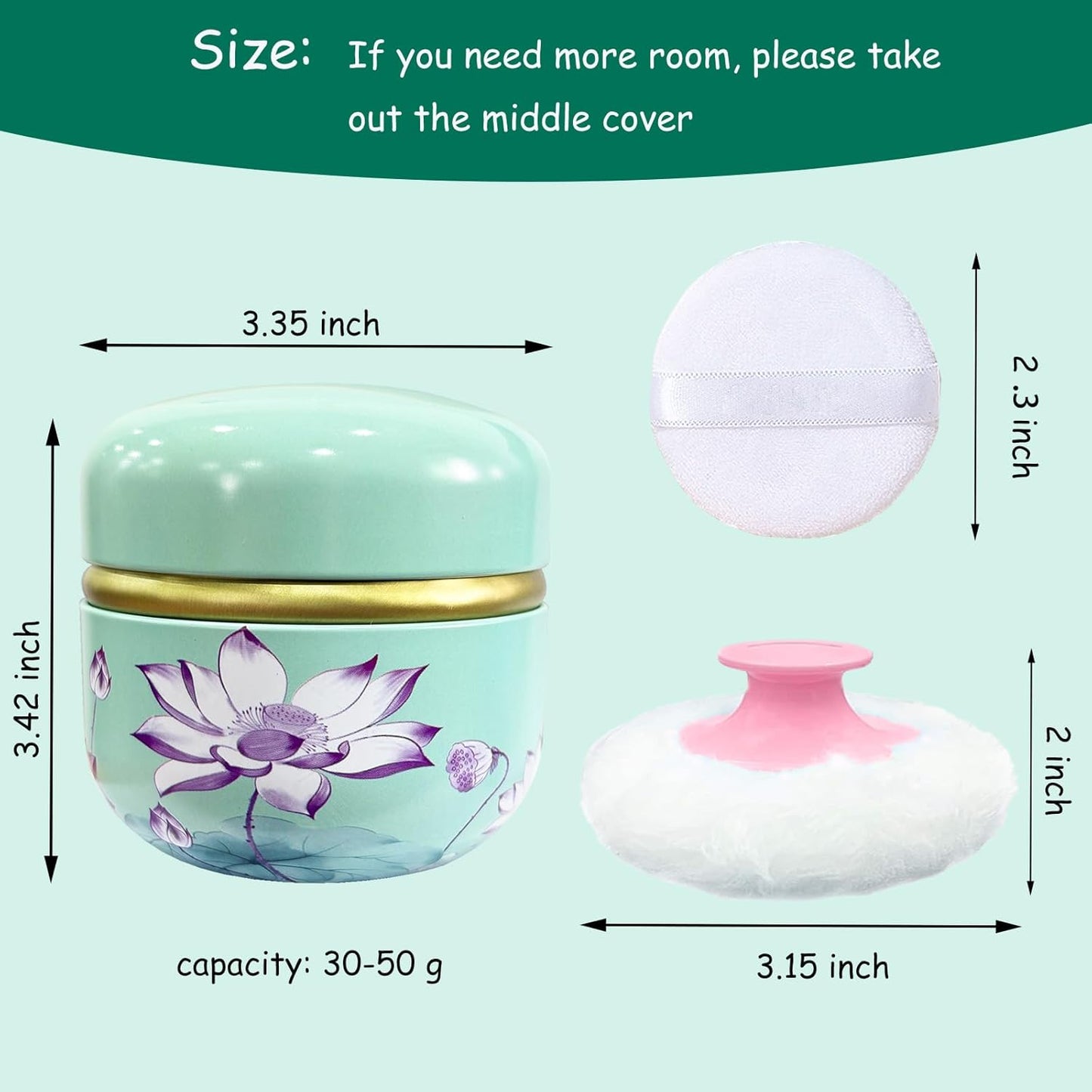 Body Powder Puff and Container for Dusting Powder, Women Powder Puff and Powder Case for Bath and Travel (Lotus Green)