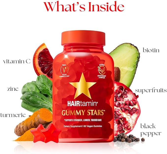 HAIRtamin Vegan Gummy Stars Hair Vitamins | Non-GMO | Natural Biotin Hair Vitamin Gummies to Maintain Healthy Hair Skin & Nails | Multivitamin Supplement to Help Maintain Healthy Looking Hair (3-Pack)
