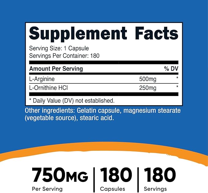 Nutricost L-Arginine L-Ornithine 750mg; 180 Capsules