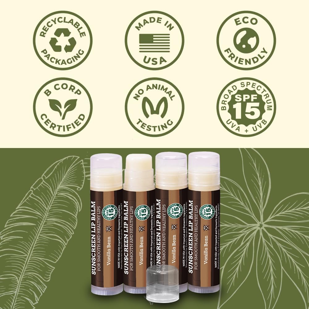 Earth's Daughter SPF Lip Balm 4-Pack - Lip Sunscreen, SPF 15, Organic Ingredients, Vanilla Flavor, Beeswax, Coconut Oil, Vitamin E - Hypoallergenic, Paraben Free, Gluten Free