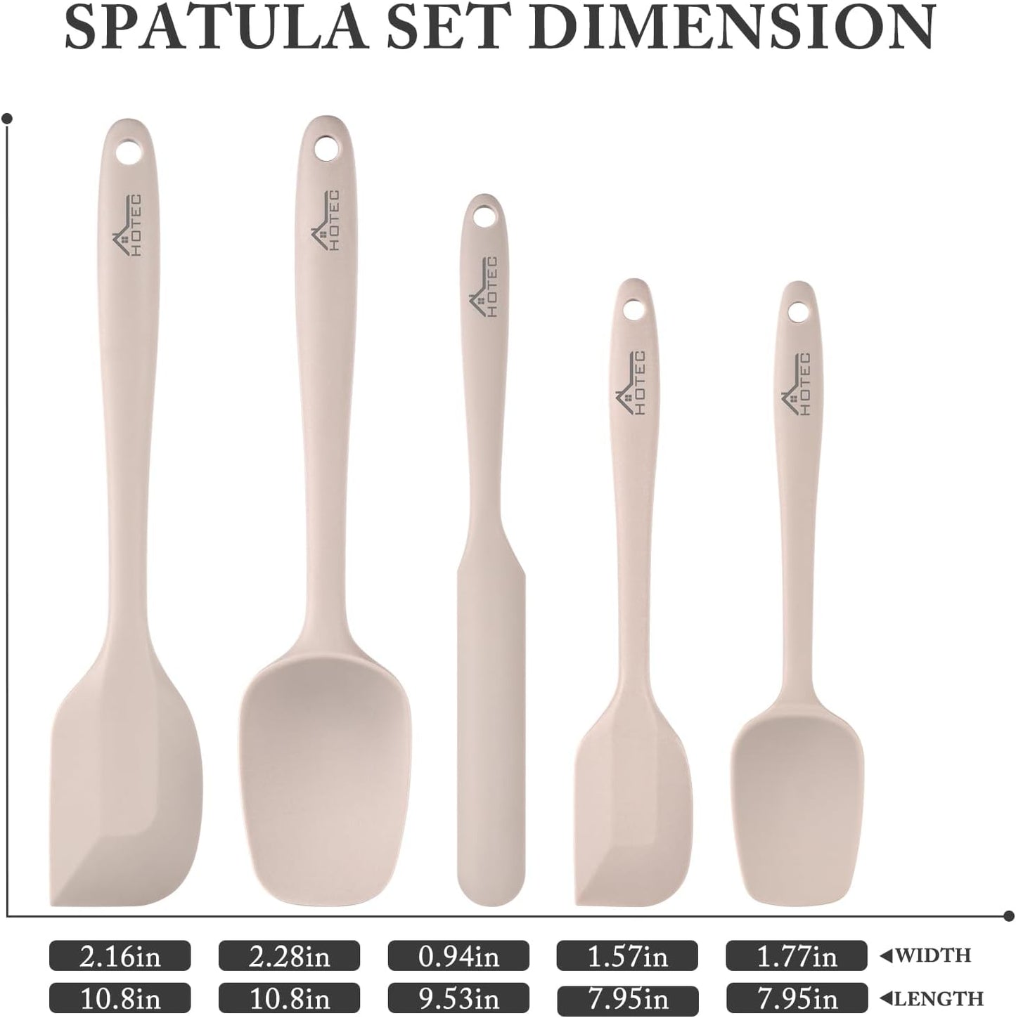 HOTEC 600℉ Heat Resistant BPA-Free Silicone Rubber Spatula Set,Kitchen Cooking Spatulas, Baking, Mixing for Non Stick Cookware, Dishwasher Safe, Set of 5, Khaki