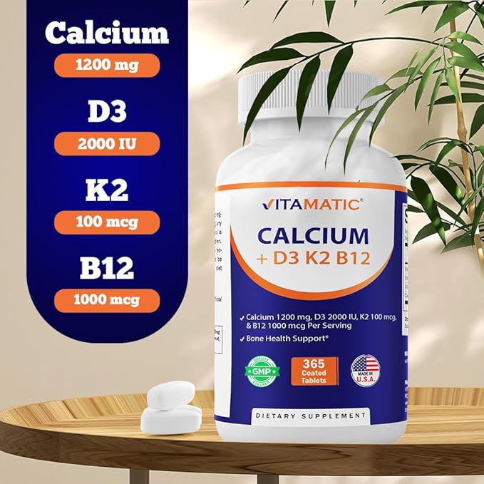 Vitamatic Calcium Supplement 1200mg with D3, K2 & B12, Immune & Bone Health Support - 365 Coated Tablets