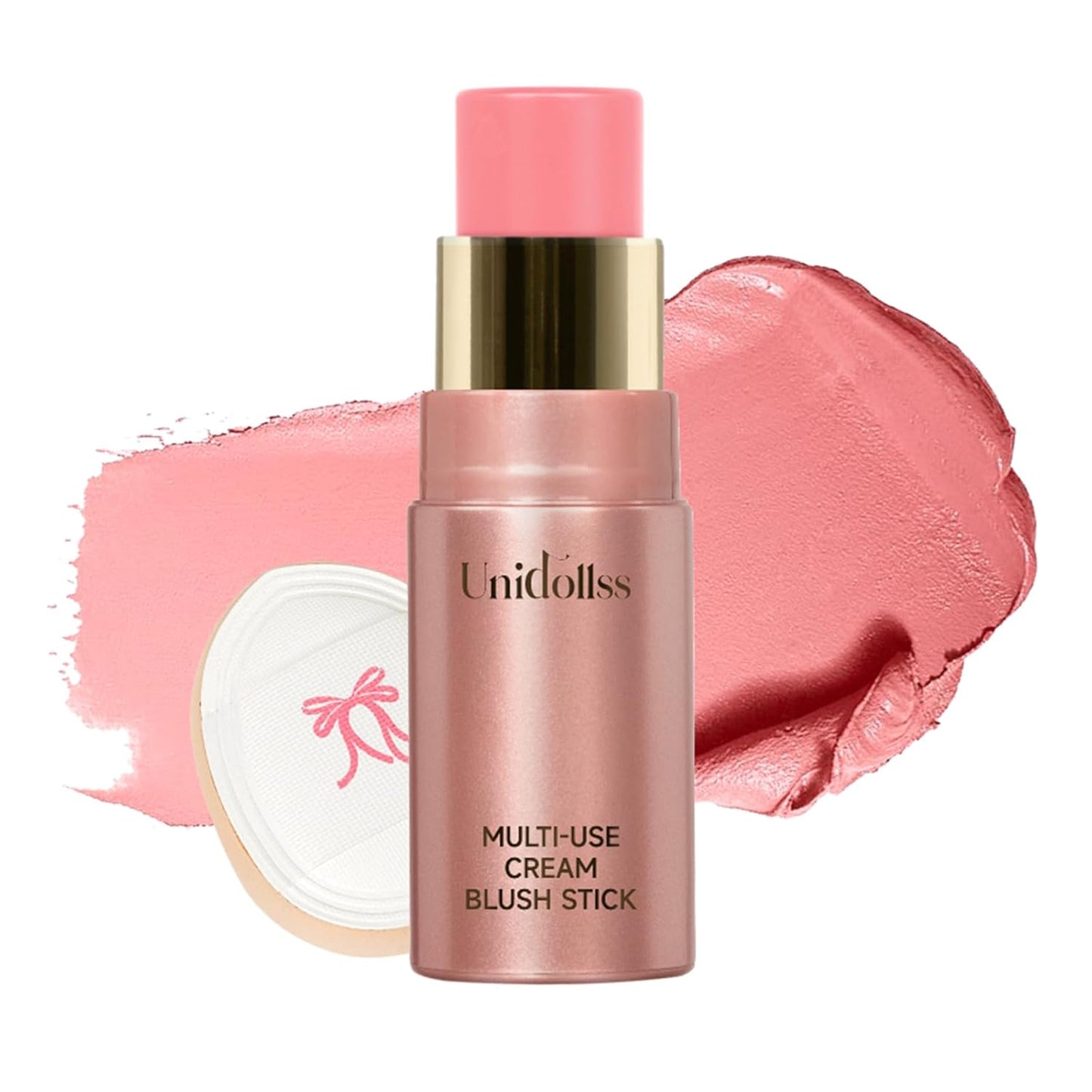 Multi-Use Makeup Cream Blush Stick, Unidollss 3-in-1 Buildable Powder Blush Stick for Cheeks, Eyes, and Lips, Hydrating formula, All day wear, Easy Application with Thumb Puff Included (01 WHISPER)