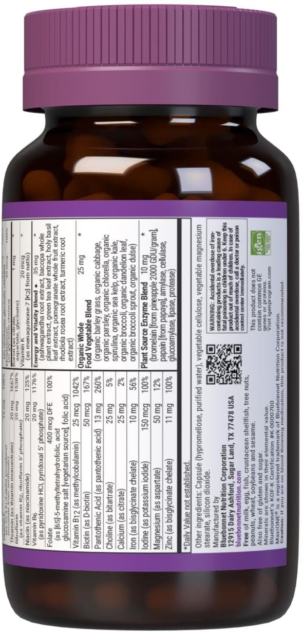 Bluebonnet Nutrition Maxi One (with Iron), Whole Food Multiple, Enzymes, Energy, Vitality, Gluten-Free, Kosher, Dairy-Free, Vegetarian Friendly, Soy-Free, Non-GMO, 90 Vegetable Capsule, 3 Month Supply, Beige