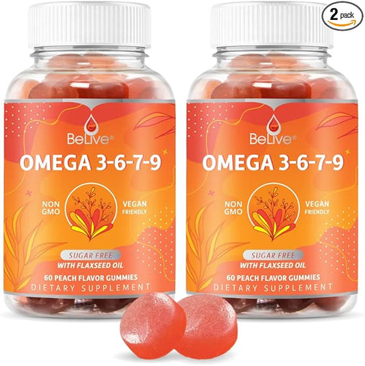 BeLive Organic Omega 3 Gummies - Omega 3 6 9 7 DHA & EPA from Flaxseed Oil & Sea Buckthorn Fruit Oil, Vegan Omega 3 for Kids & Adults, Full Body, Brain & Eye Support, Sugar Free – Peach | 2-Pack