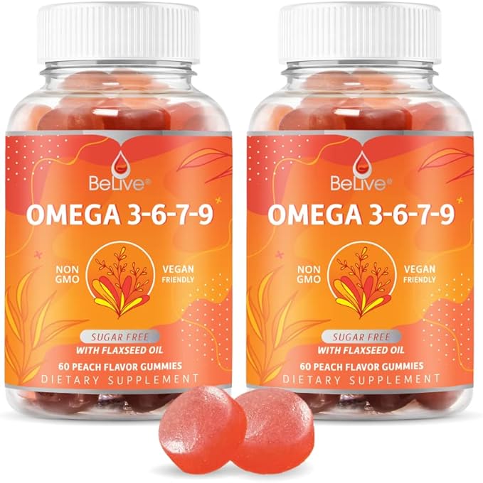 BeLive Organic Omega 3 Gummies - Omega 3 6 9 7 DHA & EPA from Flaxseed Oil & Sea Buckthorn Fruit Oil, Vegan Omega 3 for Kids & Adults, Full Body, Brain & Eye Support, Sugar Free – Peach | 2-Pack