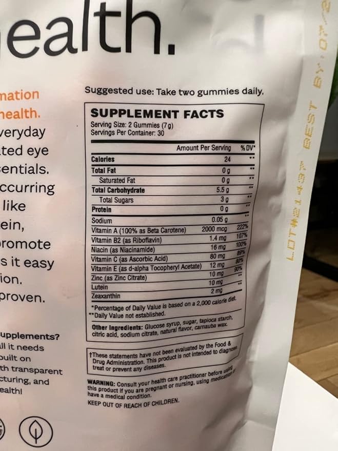 Florio Eye Health Gummy Vitamins for Adults, 2X Lutein & Zeaxanthin, Vitamins A, B2, B3, C & E, Preserve Macular & Retinal Health, Fights Oxidation, 30-Day Supply, Natural Peach Flavor