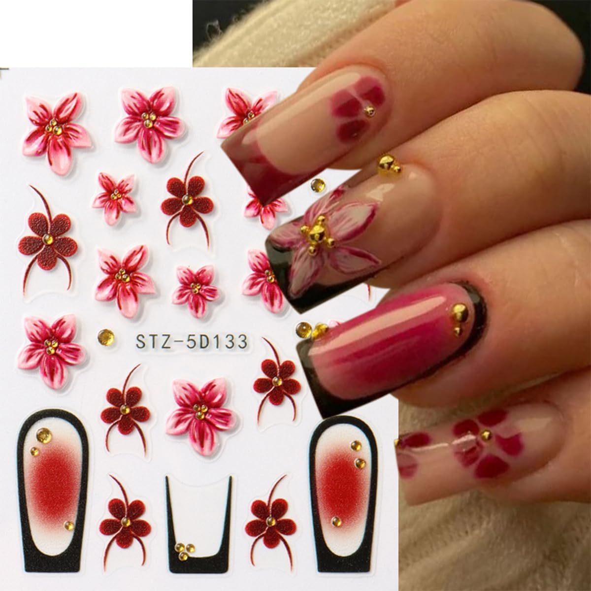 Flower Nail Stickers 3D Self Adhesive Nail Art Stickers 5D Embossed Nail Decals Red Hawaiian Floral Hibiscus with Rhinestone Design Black French Tips Manicure Accessories for Women 3 Sheet