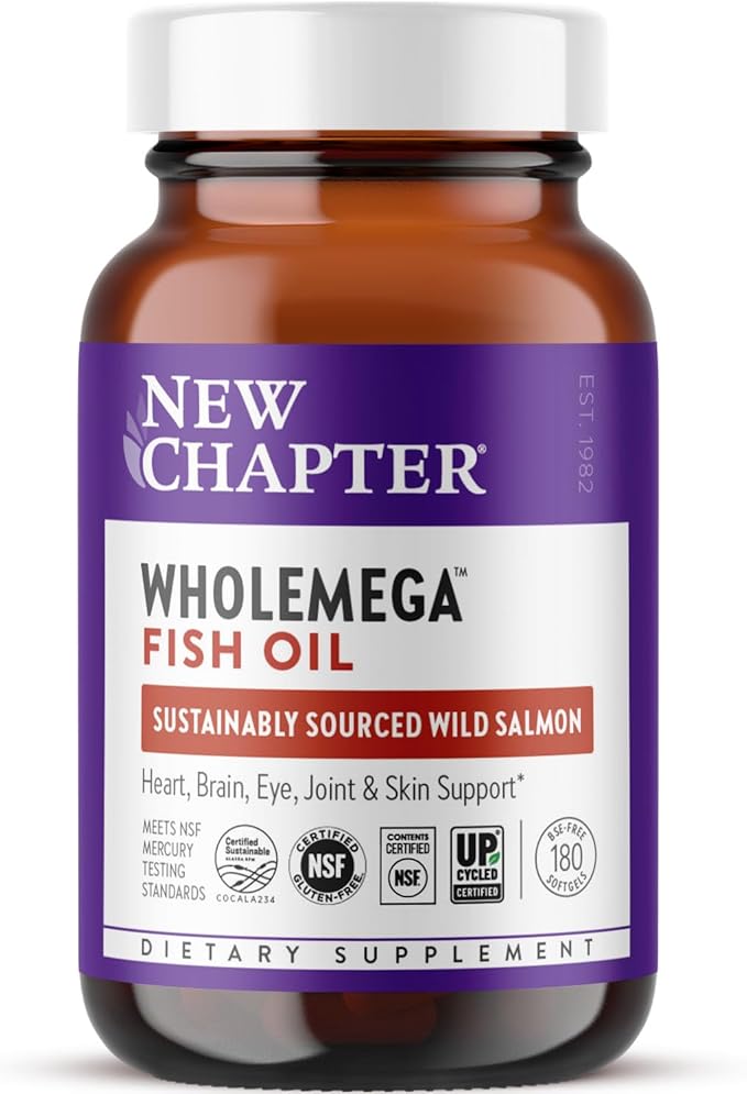 New Chapter Wholemega Fish Oil Supplement - Wild Alaskan Salmon Oil with Omega-3 + Vitamin D3 + Astaxanthin + Sustainably Caught - 180 ct, 1000mg Softgels