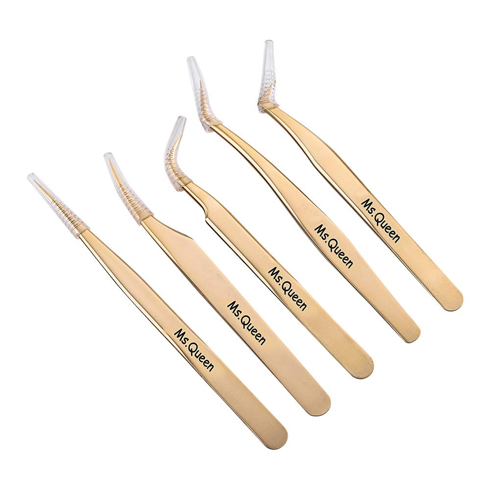 Ms.Queen Eyelash Extension Tweezers Set-Precision Tweezers for 2D-6D Volume&Individual False Lashes Extensions with PU Storage Case-Golden