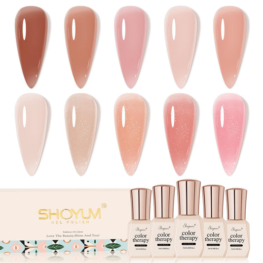 Jelly Nude Gel Nail Polish Set 10Pcs Neutral Skin Color Rose Maple Red Shimmer Gel Polish Kit Semi-Transparent Nail Polish Fall Nail Gel UV LED Soak Off Home DIY 7ml