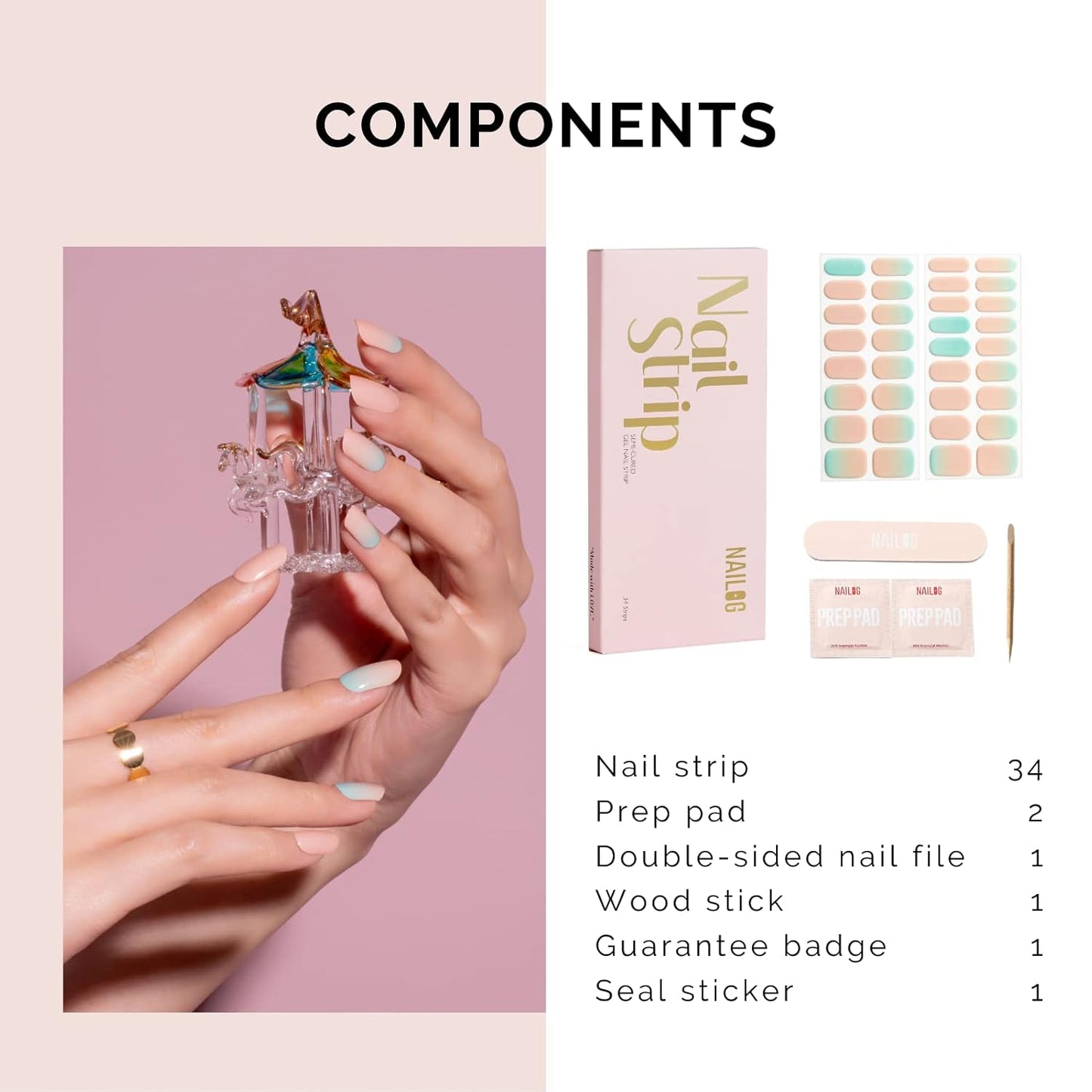 Nailog Semi Cured Gel Nail Strips 34 pcs | Long Lasting Nail Polish Sticker Wraps with Glossy Gel Finish | New Dawn