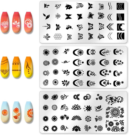 3Pcs Butterfly Nail Stamping Templates Flowers French Line Tip Art Stamp Image Plate Stainless Steel DIY Reusable Tools for Manicure Printing