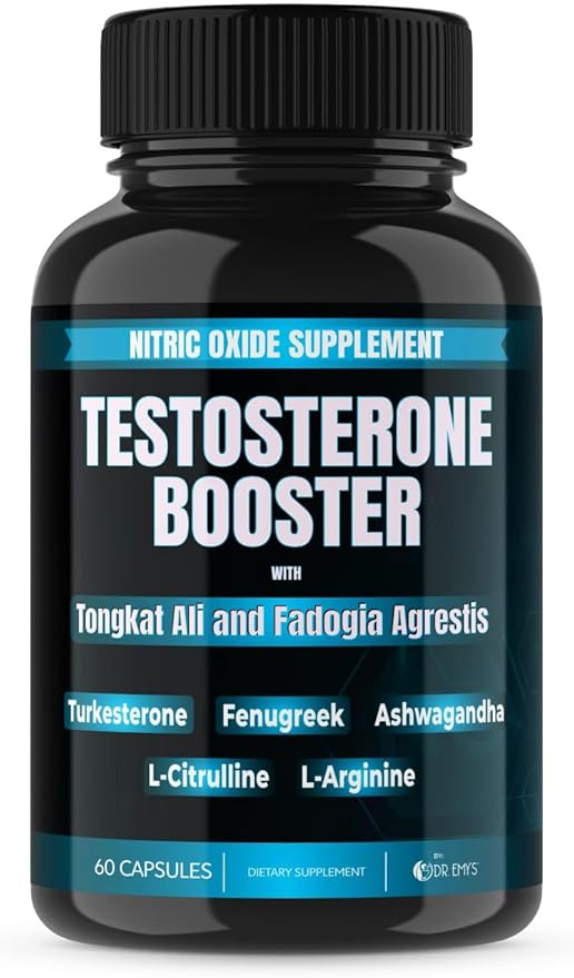 Dr. Emy's (1 Pack Testosterone Booster-Tongkat Ali Fadogia Agrestis Nitric Oxide Ashwagandha Supplement for Men with L Arginine Citrulline Fenugreek - Turkesterone Pre Workout Pump (60 Capsules)