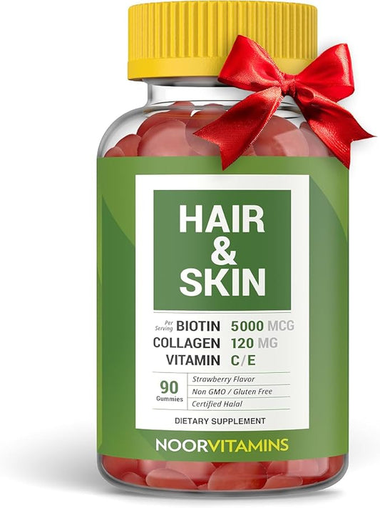 Noor Vitamins Halal Hair Vitamins Biotin, Collagen, Silica, Vitamin C & E Supports Hair, Skin & Nail Health; Natural Strawberry Gummy Vitamins. GMO, Gluten Free & a Certified Halal Vitamin (90 Count)