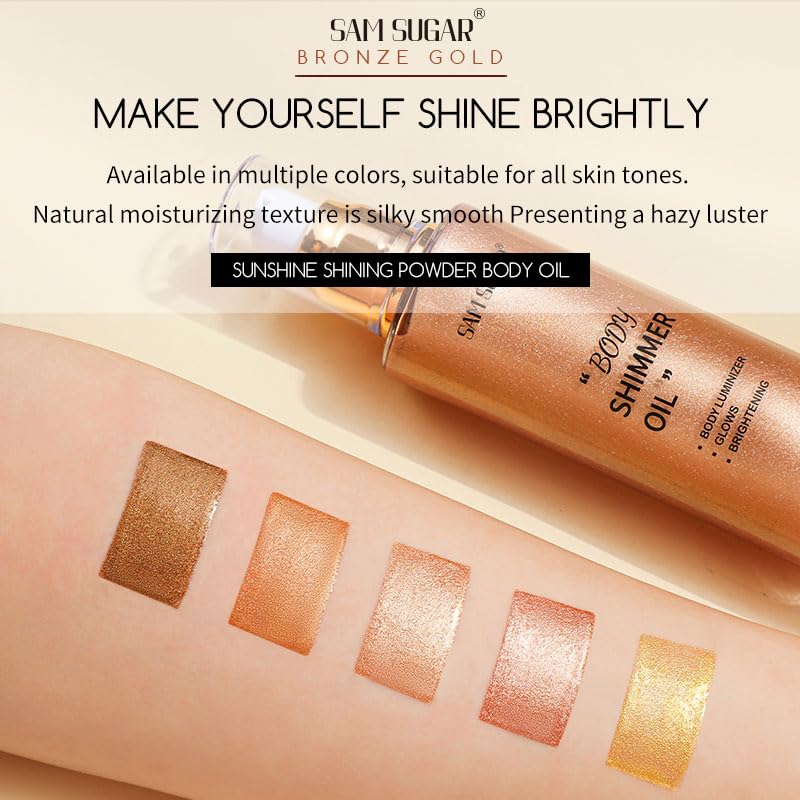 Shimmer Body Oil, Long Lasting Moisturizing Body Glow Glitter for Women Face Luminizer Highlighter Makeup 100ml Shimmer Oil for Glowing Skin Lotion (Gold)