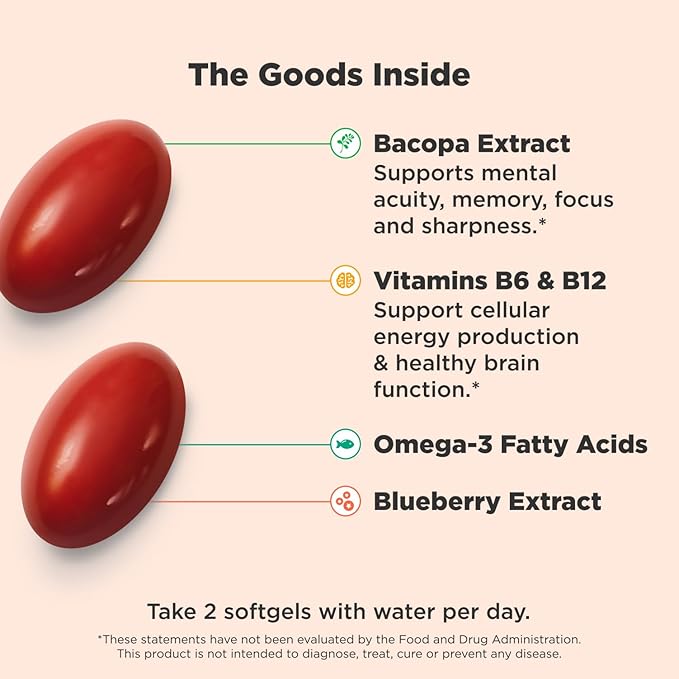 OLLY Ultra Strength Brain Softgels, Nootropic, Supports Healthy Brain Function, Memory, Focus and Concentration, Omega-3s, Vitamins B6 and B12, 30 Day Supply - 60 Count