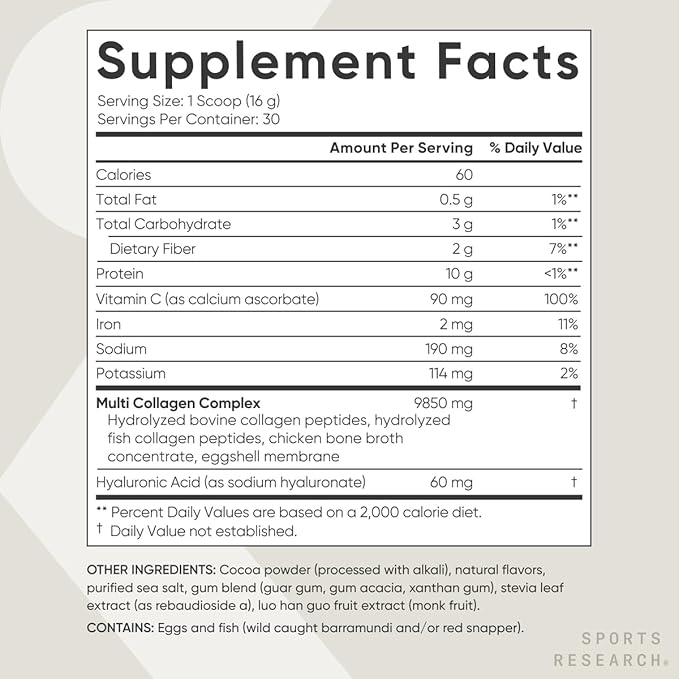 Sports Research Multi Collagen Protein Powder (Type I, II, III, V, X) with Hyaluronic Acid + Vitamin C | 5 Types of Food Based Collagen, 30 Servings (Chocolate)